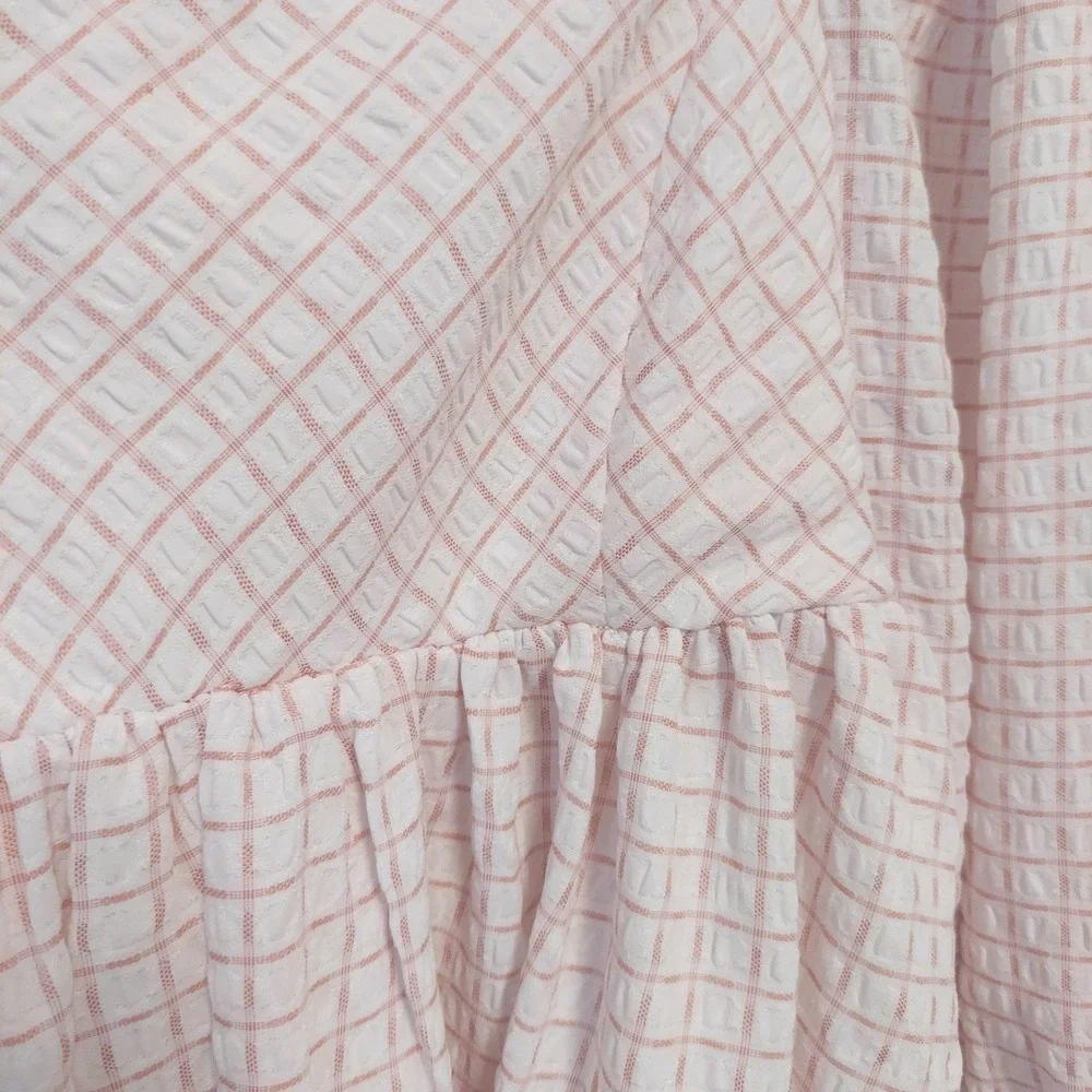 Storia Pink White Puff‎ Sleeve Babydoll Mini Dress Square Neck L Coquette Preppy